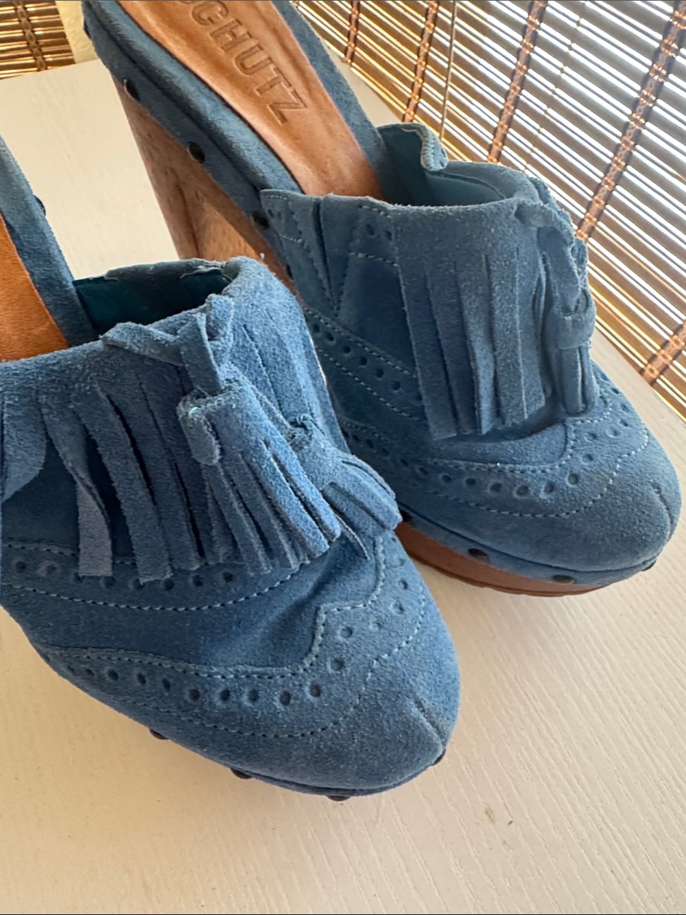 SCHUTZ Blue Suede Tassel Fringe Mules - Picture 6 of 7